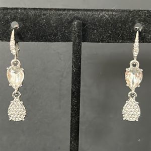 Signed Givenchy Polished Silver Crystal Dangle Lever Back Earrings, Wedding